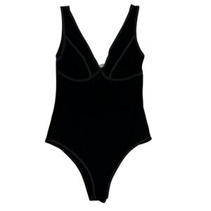 ZARA Women's Sleeveless V Neck Black Bustier Bodysuit White Stitching Size Small